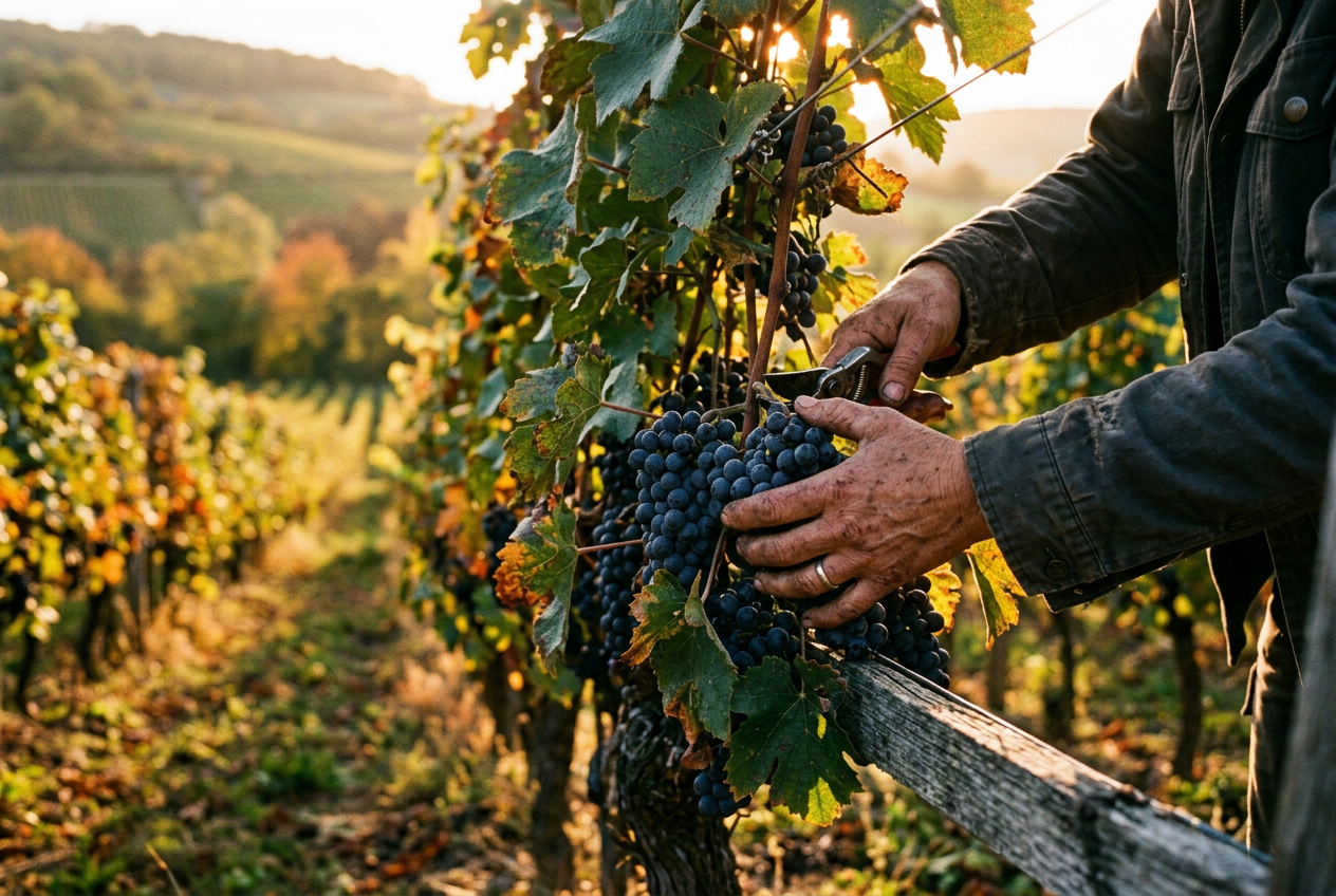 A grower carefully harvesting dark grapes by hand among sunlit vineyard rows