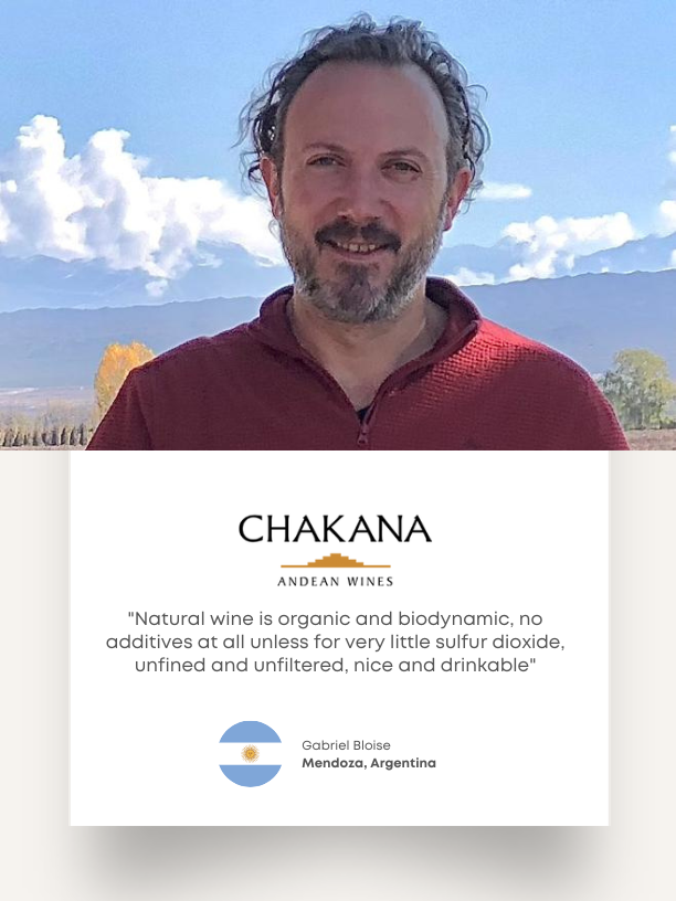Chakana winemaker Gabriel Bloise in Mendoza. His card describes organic, biodynamic wine made without additives.