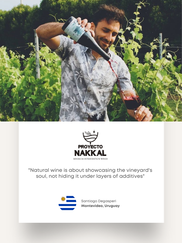 Proyecto Nakkal winemaker Santiago Degasperi tasting wine among the vines. His card celebrates the vineyard’s character.
