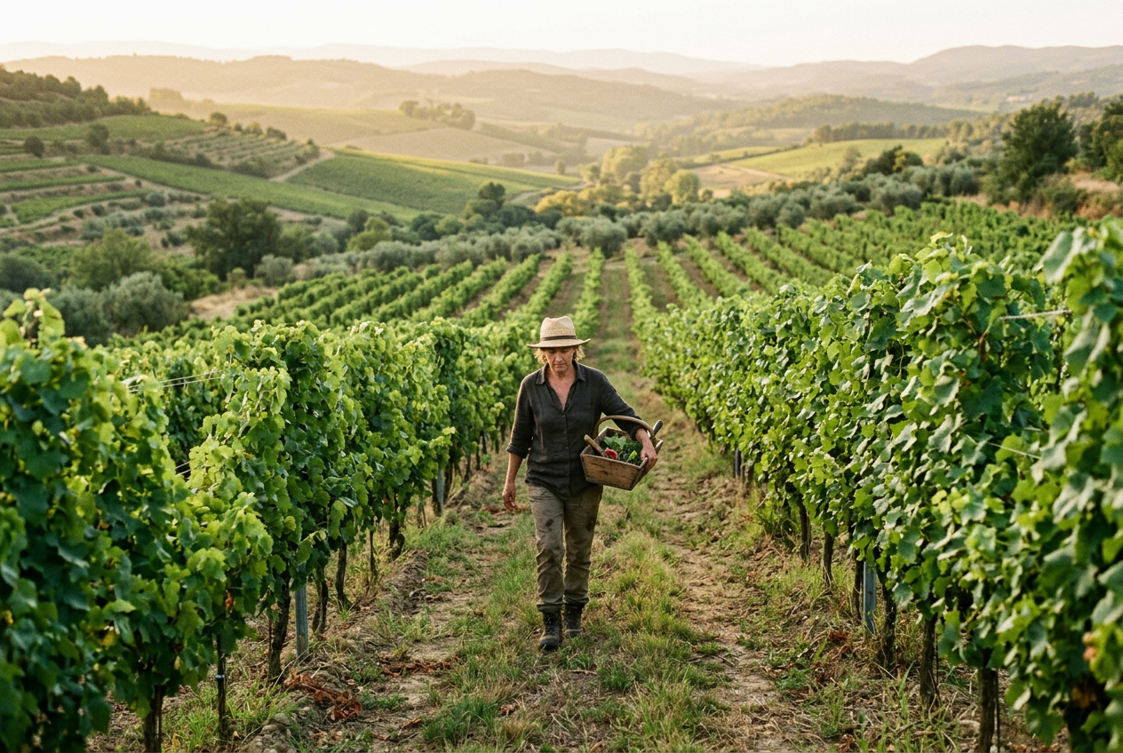 A vineyard grower walking between grapevines at first light